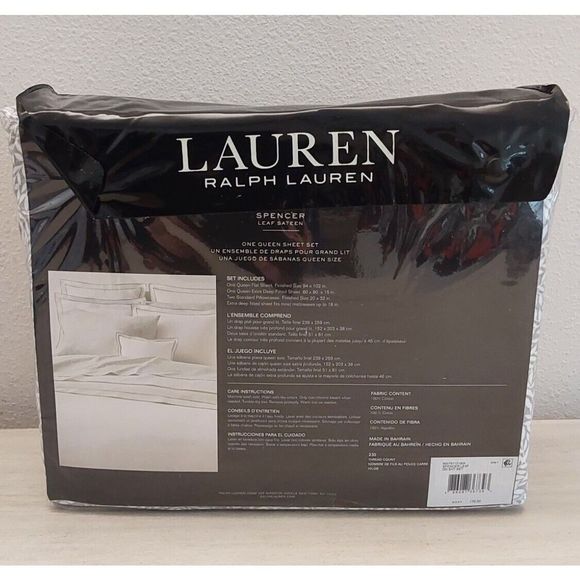 Ralph Lauren SPENCER LEAF SATEEN Grey 100% Cotton Queen Sheet Set Bedding - Picture 7 of 9